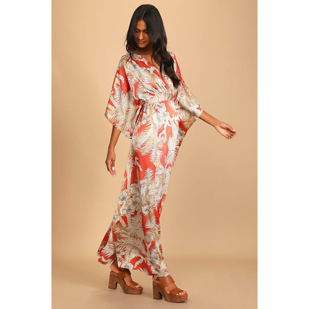 Lulus Take A Holiday Orange Tropical Print Maxi Dress - Size S